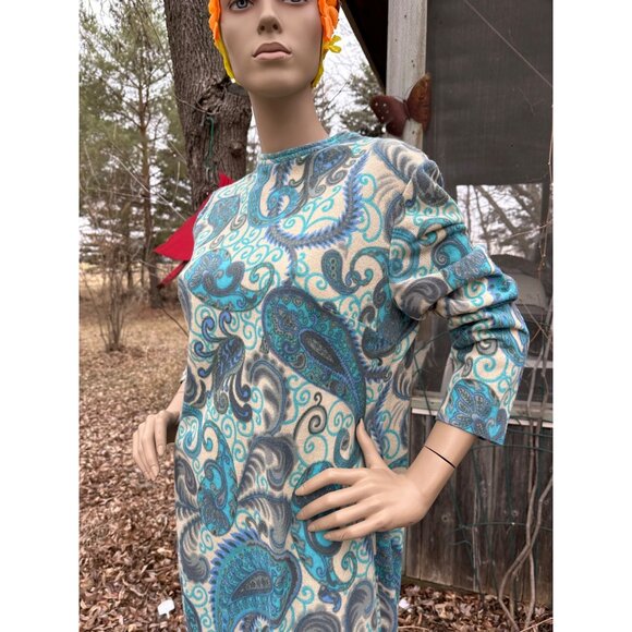 60s Paisley Long Sleeve Shift Dress DRALON Knit Lined Germany Sz 48 - Picture 3 of 13